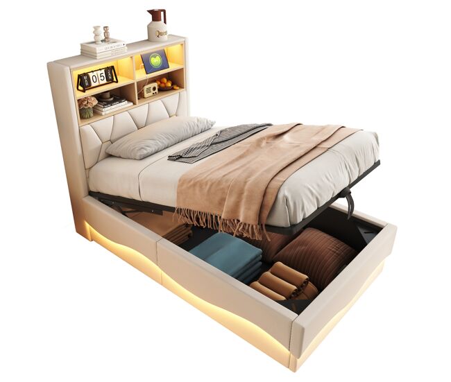 Cama individual de lino 90x200 cm con almacenaje y luz led,beige