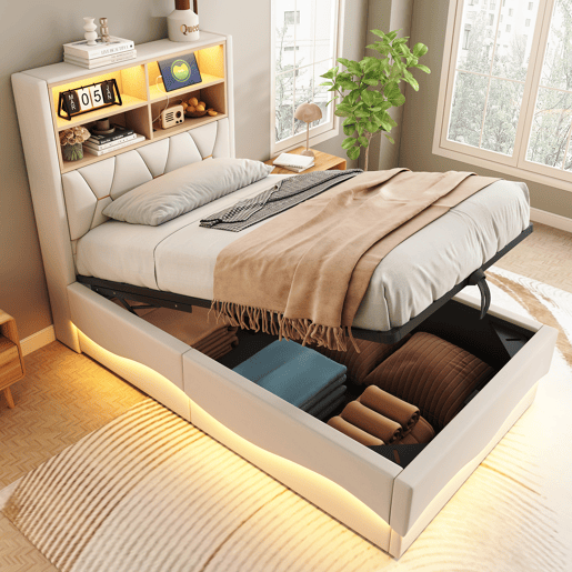 Cama de solteiro de linho 90x200 cm com armazenamento e luz led,bege Cama de solteiro de linho 90x200 cm com armazenamento e luz led,bege