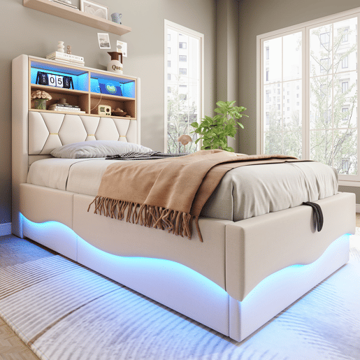Cama de solteiro de linho 90x200 cm com armazenamento e luz led,bege Cama de solteiro de linho 90x200 cm com armazenamento e luz led,bege