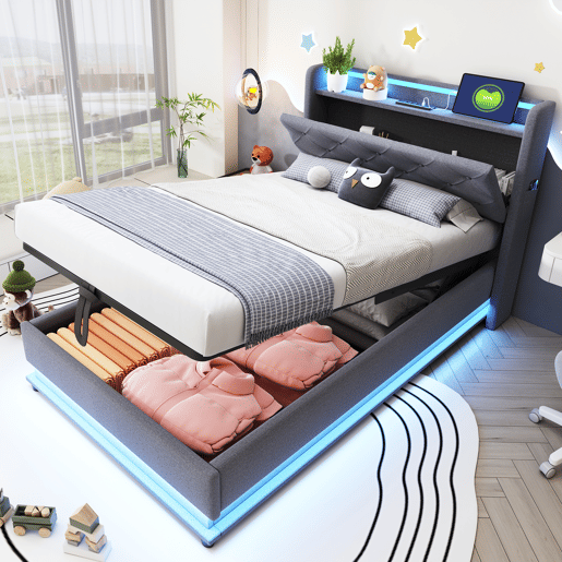Cama de solteiro de linho 90x200 cm com armazenamento e luz led,cinza Cama de solteiro de linho 90x200 cm com armazenamento e luz led,cinza