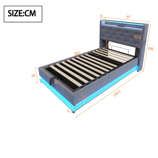 Cama de solteiro de linho 90x200 cm com armazenamento e luz led,cinza Cama de solteiro de linho 90x200 cm com armazenamento e luz led,cinza