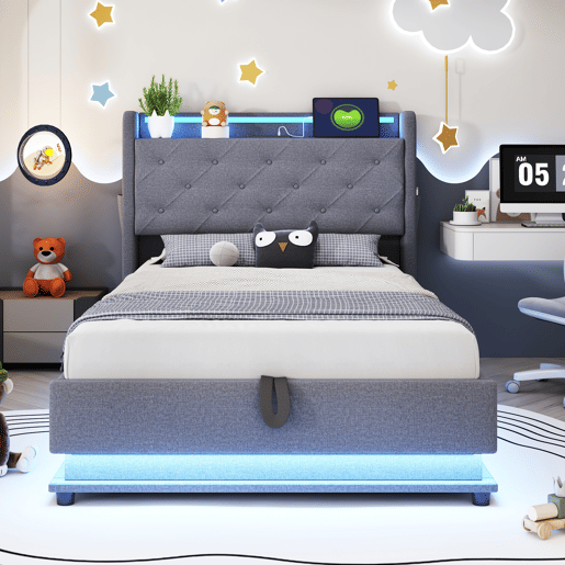 Cama de solteiro de linho 90x200 cm com armazenamento e luz led,cinza Cama de solteiro de linho 90x200 cm com armazenamento e luz led,cinza