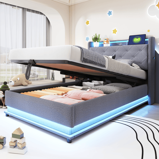 Cama de solteiro de linho 90x200 cm com armazenamento e luz led,cinza Cama de solteiro de linho 90x200 cm com armazenamento e luz led,cinza