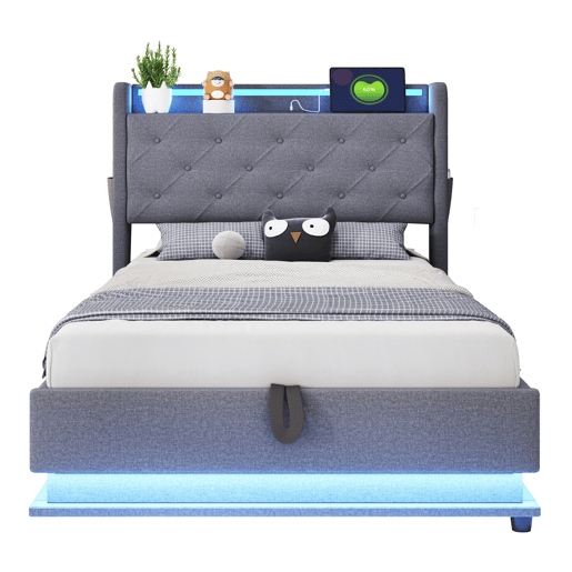 Cama de solteiro de linho 90x200 cm com armazenamento e luz led,cinza Cama de solteiro de linho 90x200 cm com armazenamento e luz led,cinza