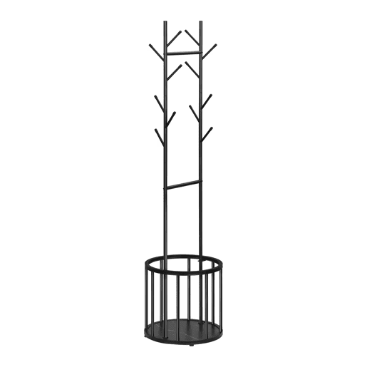 Cabideiro de pé 41x41x175 cm - Design em forma de árvore com cesto de arrumação - Preto