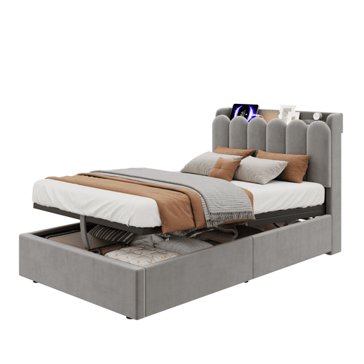 cama juvenil,cama de solteiro de veludo 90x200 cm com armazenamento,cinza