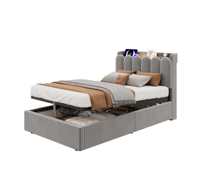 cama juvenil,cama individual de terciopelo 90x200 cm con almacenaje,gris