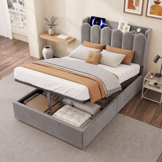 cama juvenil,cama de solteiro de veludo 90x200 cm com armazenamento,cinza