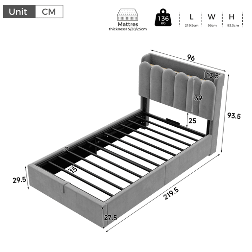 cama juvenil,cama de solteiro de veludo 90x200 cm com armazenamento,cinza
