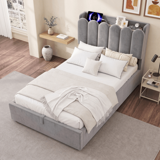 cama juvenil,cama de solteiro de veludo 90x200 cm com armazenamento,cinza