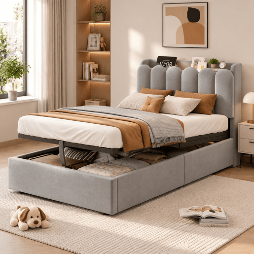 cama juvenil,cama de solteiro de veludo 90x200 cm com armazenamento,cinza
