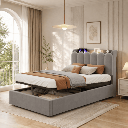 cama juvenil,cama de solteiro de veludo 90x200 cm com armazenamento,cinza