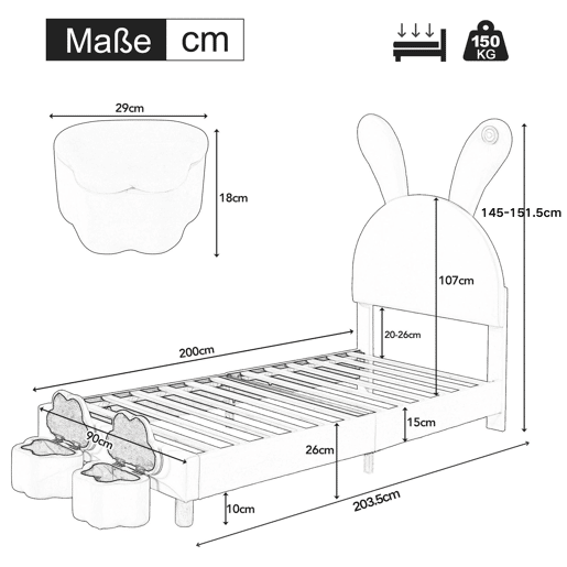 Cama de criança,cama de solteiro de veludo 90x200 cm com luz led,rosa Cama de criança,cama de solteiro de veludo 90x200 cm com luz led,rosa
