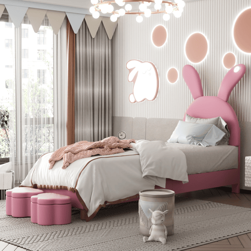 Cama de criança,cama de solteiro de veludo 90x200 cm com luz led,rosa Cama de criança,cama de solteiro de veludo 90x200 cm com luz led,rosa