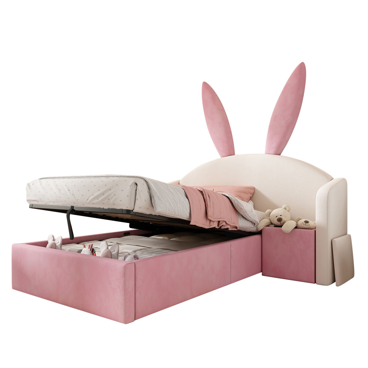 Cama infantil,cama individual de terciopelo 90x200 cm con almacenaje,beige+rosa