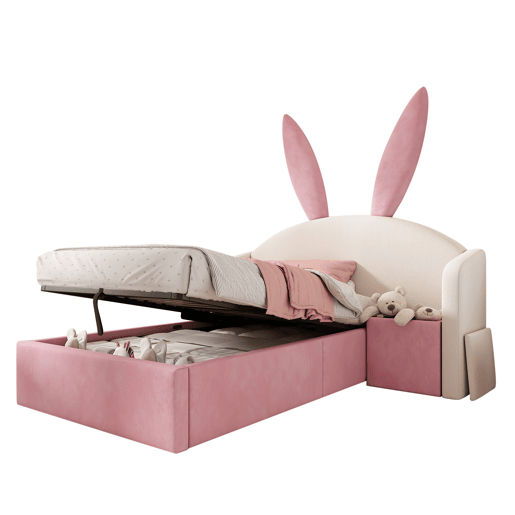 Cama de criança,cama de solteiro de veludo 90x200 cm com armazenamento,bege+rosa