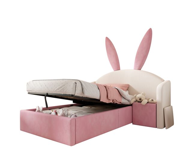 Cama infantil,cama individual de terciopelo 90x200 cm con almacenaje,beige+rosa