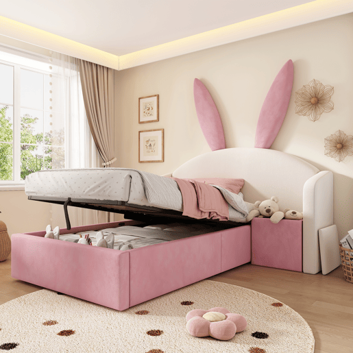 Cama de criança,cama de solteiro de veludo 90x200 cm com armazenamento,bege+rosa