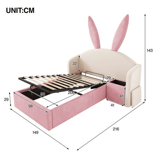 Cama de criança,cama de solteiro de veludo 90x200 cm com armazenamento,bege+rosa