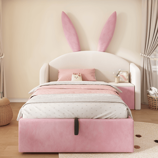 Cama de criança,cama de solteiro de veludo 90x200 cm com armazenamento,bege+rosa