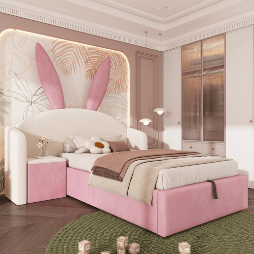 Cama de criança,cama de solteiro de veludo 90x200 cm com armazenamento,bege+rosa