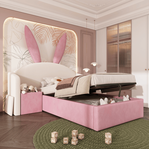 Cama de criança,cama de solteiro de veludo 90x200 cm com armazenamento,bege+rosa