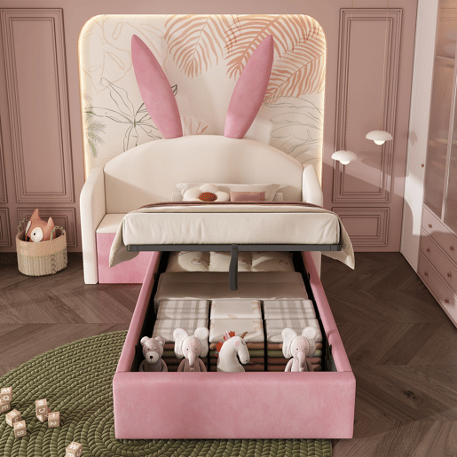 Cama de criança,cama de solteiro de veludo 90x200 cm com armazenamento,bege+rosa