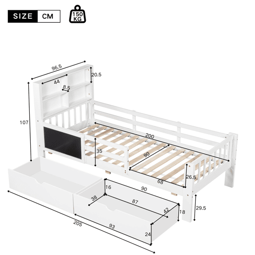 Cama de criança,cama de solteiro de madeira maciça 90x200 cm,branco