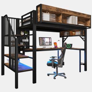Cama de criança,cama alta de madeira maciça 90x200 cm com luz led,preto+natural