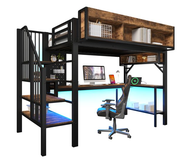 Cama infantil,cama alta de madera maciza 90x200 cm con luz led,negro+natural
