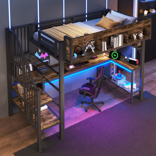 Cama de criança,cama alta de madeira maciça 90x200 cm com luz led,preto+natural Cama de criança,cama alta de madeira maciça 90x200 cm com luz led,preto+natural