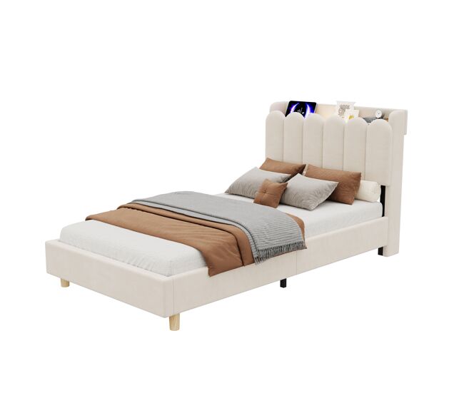 Cama juvenil,cama individual de terciopelo 90x200 cm,beige