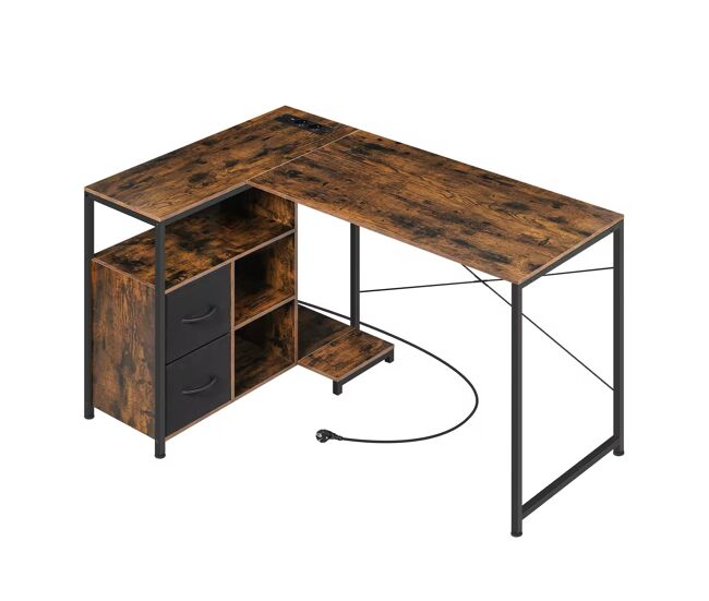 Escritorio de oficina 120x80 cm - diseño reversible en esquina con enchufe integrado - marrón