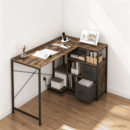 Secretária de escritório 120 x 80 cm - design reversível de canto com tomada integrada - castanho Secretária de escritório 120 x 80 cm - design reversível de canto com tomada integrada - castanho