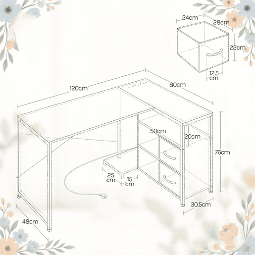 Secretária de escritório 120 x 80 cm - design reversível de canto com tomada integrada - castanho Secretária de escritório 120 x 80 cm - design reversível de canto com tomada integrada - castanho