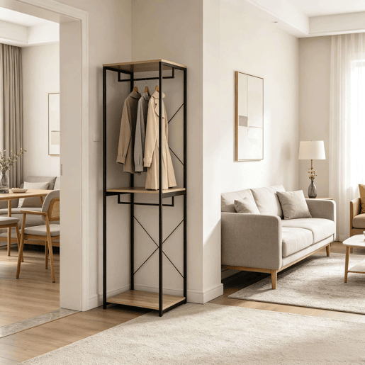 Cabideiro - Design aberto e simples, estilo moderno - Preto e carvalho