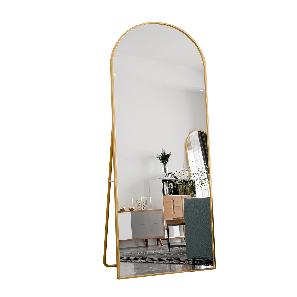 Espejo de cuerpo entero (180 x 80 cm) de vidrio templado con marco de aluminio en color dorado, forma curva y gran tamaño para colocar en el suelo.