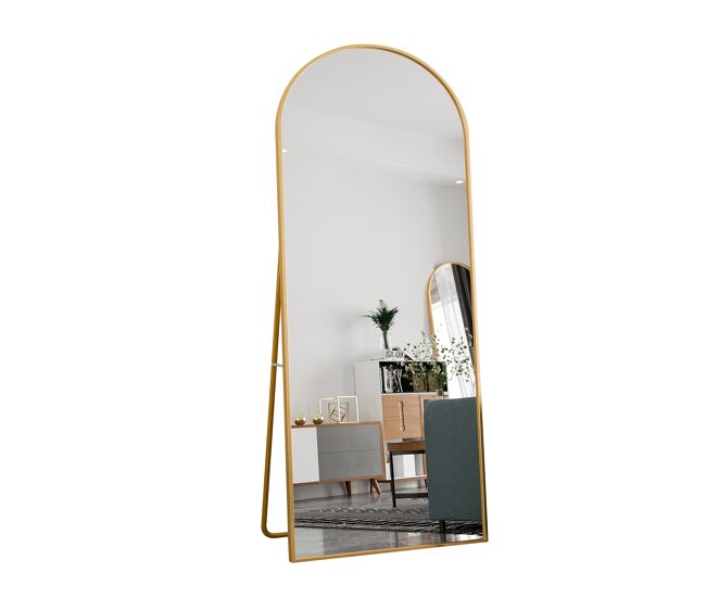 Espejo de cuerpo entero (180 x 80 cm) de vidrio templado con marco de aluminio en color dorado, forma curva y gran tamaño para colocar en el suelo.