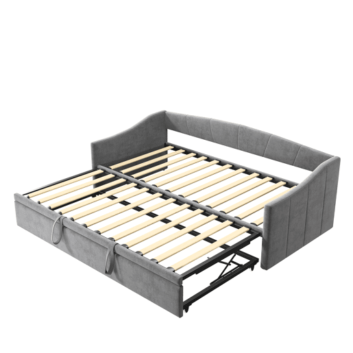 Cama 90x200 cm Individual com Cama Auxiliar Deslizante | Estrutura em Madeira Maciça com Estrado de Ripas | Cama de Arrumação, Sofá-Cama e Cama de Hóspedes, Cinzento