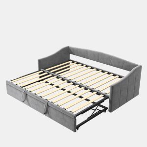 Cama 90x200 cm Individual com Cama Auxiliar Deslizante | Estrutura em Madeira Maciça com Estrado de Ripas | Cama de Arrumação, Sofá-Cama e Cama de Hóspedes, Cinzento