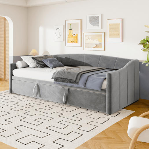 Cama 90x200 cm Individual com Cama Auxiliar Deslizante | Estrutura em Madeira Maciça com Estrado de Ripas | Cama de Arrumação, Sofá-Cama e Cama de Hóspedes, Cinzento