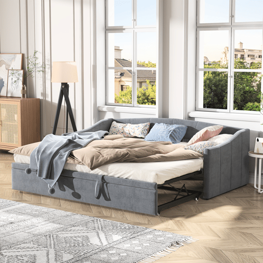 Cama 90x200 cm Individual com Cama Auxiliar Deslizante | Estrutura em Madeira Maciça com Estrado de Ripas | Cama de Arrumação, Sofá-Cama e Cama de Hóspedes, Cinzento