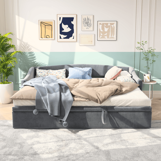 Cama 90x200 cm Individual com Cama Auxiliar Deslizante | Estrutura em Madeira Maciça com Estrado de Ripas | Cama de Arrumação, Sofá-Cama e Cama de Hóspedes, Cinzento