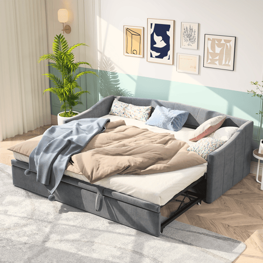 Cama 90x200 cm Individual com Cama Auxiliar Deslizante | Estrutura em Madeira Maciça com Estrado de Ripas | Cama de Arrumação, Sofá-Cama e Cama de Hóspedes, Cinzento
