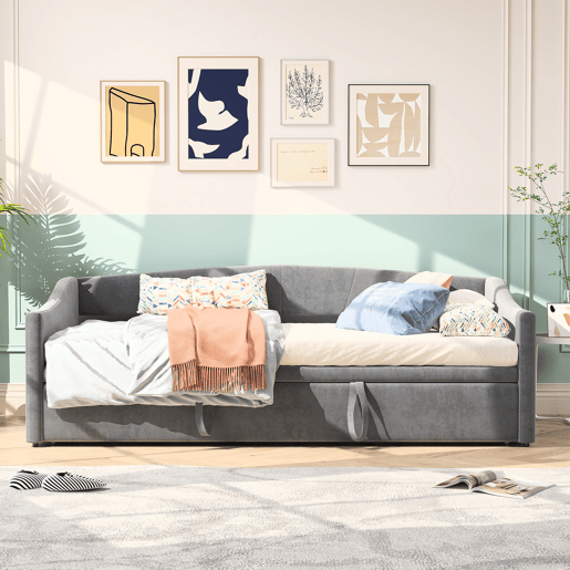 Cama 90x200 cm Individual com Cama Auxiliar Deslizante | Estrutura em Madeira Maciça com Estrado de Ripas | Cama de Arrumação, Sofá-Cama e Cama de Hóspedes, Cinzento