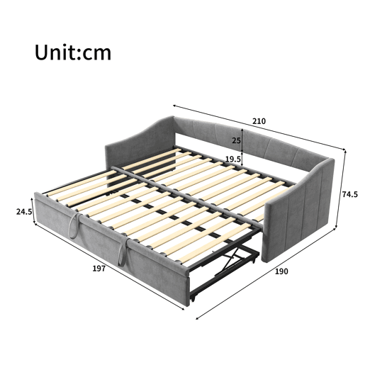 Cama 90x200 cm Individual com Cama Auxiliar Deslizante | Estrutura em Madeira Maciça com Estrado de Ripas | Cama de Arrumação, Sofá-Cama e Cama de Hóspedes, Cinzento