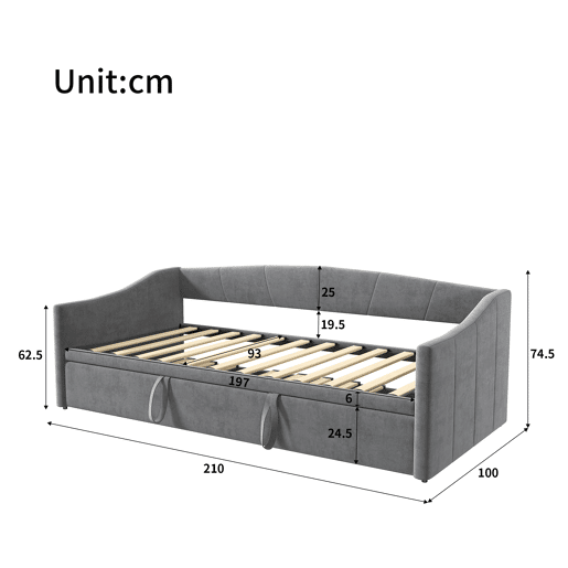 Cama 90x200 cm Individual com Cama Auxiliar Deslizante | Estrutura em Madeira Maciça com Estrado de Ripas | Cama de Arrumação, Sofá-Cama e Cama de Hóspedes, Cinzento