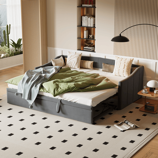 Cama 90x200 cm Individual com Cama Auxiliar Deslizante | Estrutura em Madeira Maciça com Estrado de Ripas | Cama de Arrumação, Sofá-Cama e Cama de Hóspedes, Cinzento