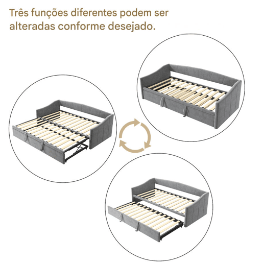 Cama 90x200 cm Individual com Cama Auxiliar Deslizante | Estrutura em Madeira Maciça com Estrado de Ripas | Cama de Arrumação, Sofá-Cama e Cama de Hóspedes, Cinzento