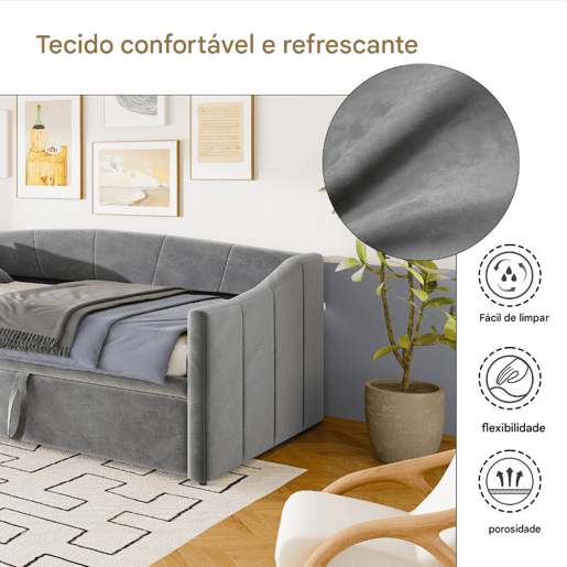 Cama 90x200 cm Individual com Cama Auxiliar Deslizante | Estrutura em Madeira Maciça com Estrado de Ripas | Cama de Arrumação, Sofá-Cama e Cama de Hóspedes, Cinzento